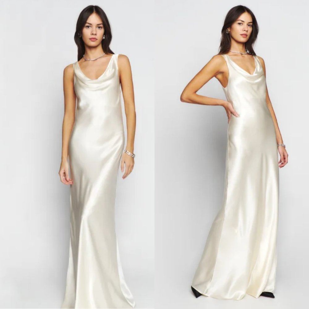 NWT Reformation Annabelle Maxi Silk Dress Sz 6 Fior Di Latte Cowl Scooped Neck